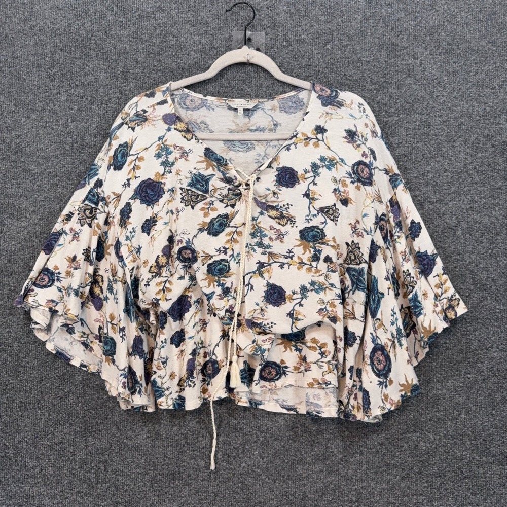 Lucky Brand Peasant Blouse Women Medium Cream Floral Bell Sleeve Boho Top